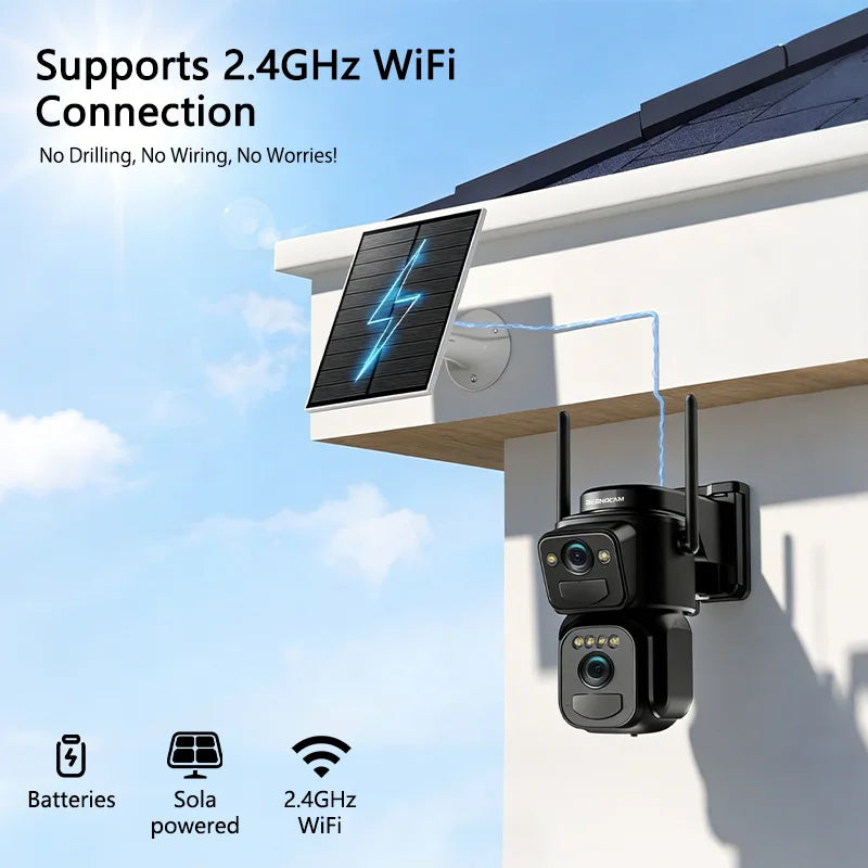SZSINOCAM 2PCS Dual Lens Solar WiFi Camera Outdoor Security 24h Record Built in Battery Solar Panel Wireless Cam Alarm