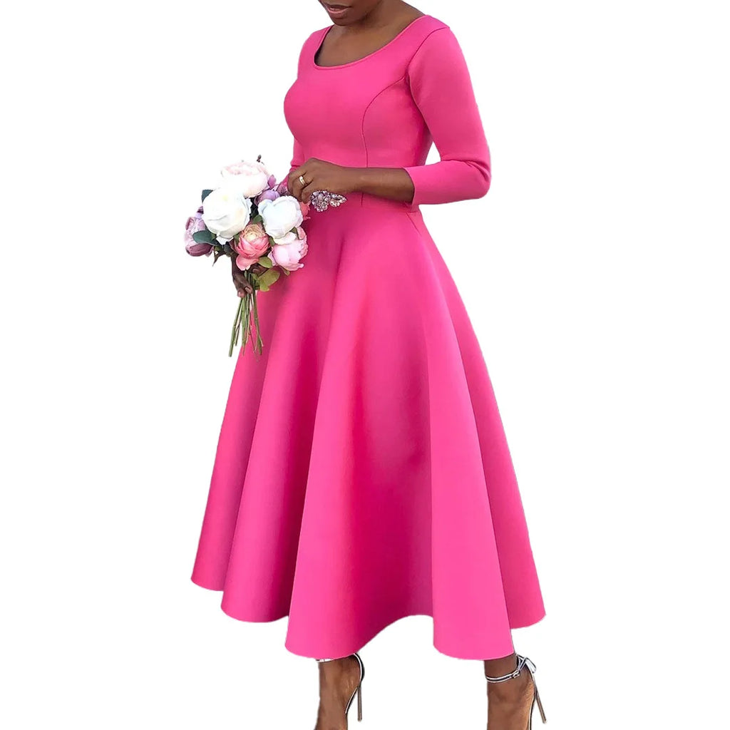 Elegant Pure Color Maxi Dress Evening Gown A- Line Skirt Polyester Fabric round Neck Short Sleeve High Waist Midi Dress