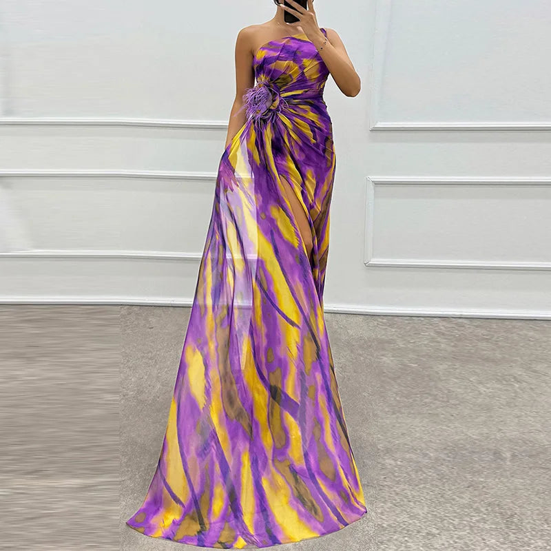 Printed Skew Collar Simple Party Dress, Women Summer Patchwork Sleeveless Elegant Maxi Dress, 2024 Backless Fashion Ladies Dress