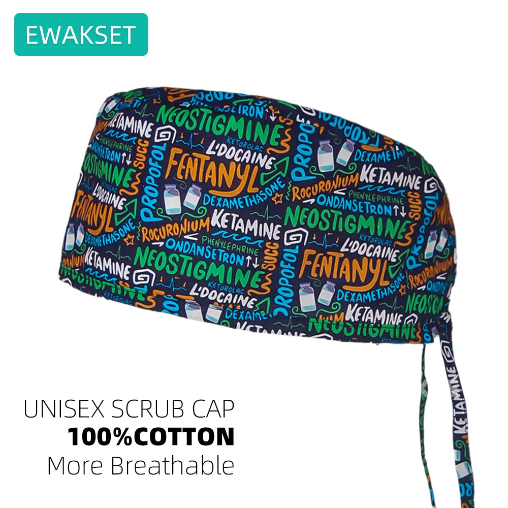 Adjustable unisex cotton scrub cap with medical drug print for vet, nursing, and dental professionals. Breathable comfort.