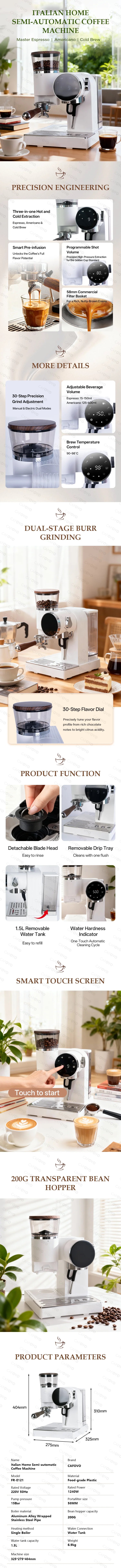 Italian Home white semi-automatic espresso machine with 200g bean hopper, touch screen, and 1.3L water tank.