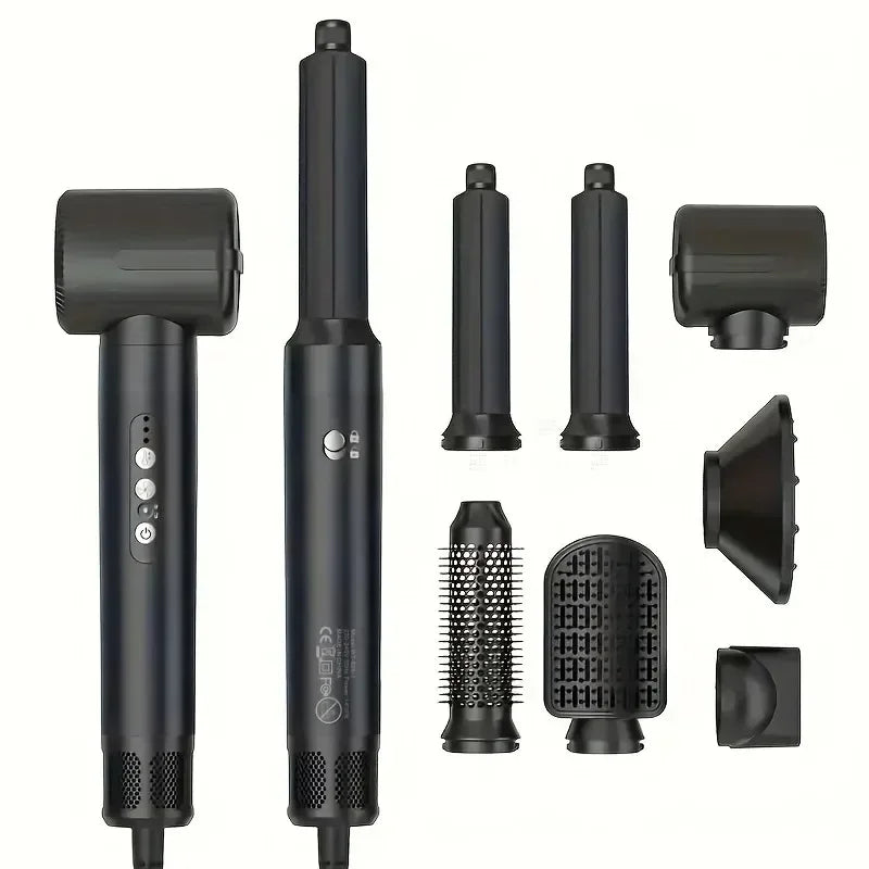 TINSOL 7-in-1 black hair dryer and curling iron set with styling attachments, hot brush, and professional comb.