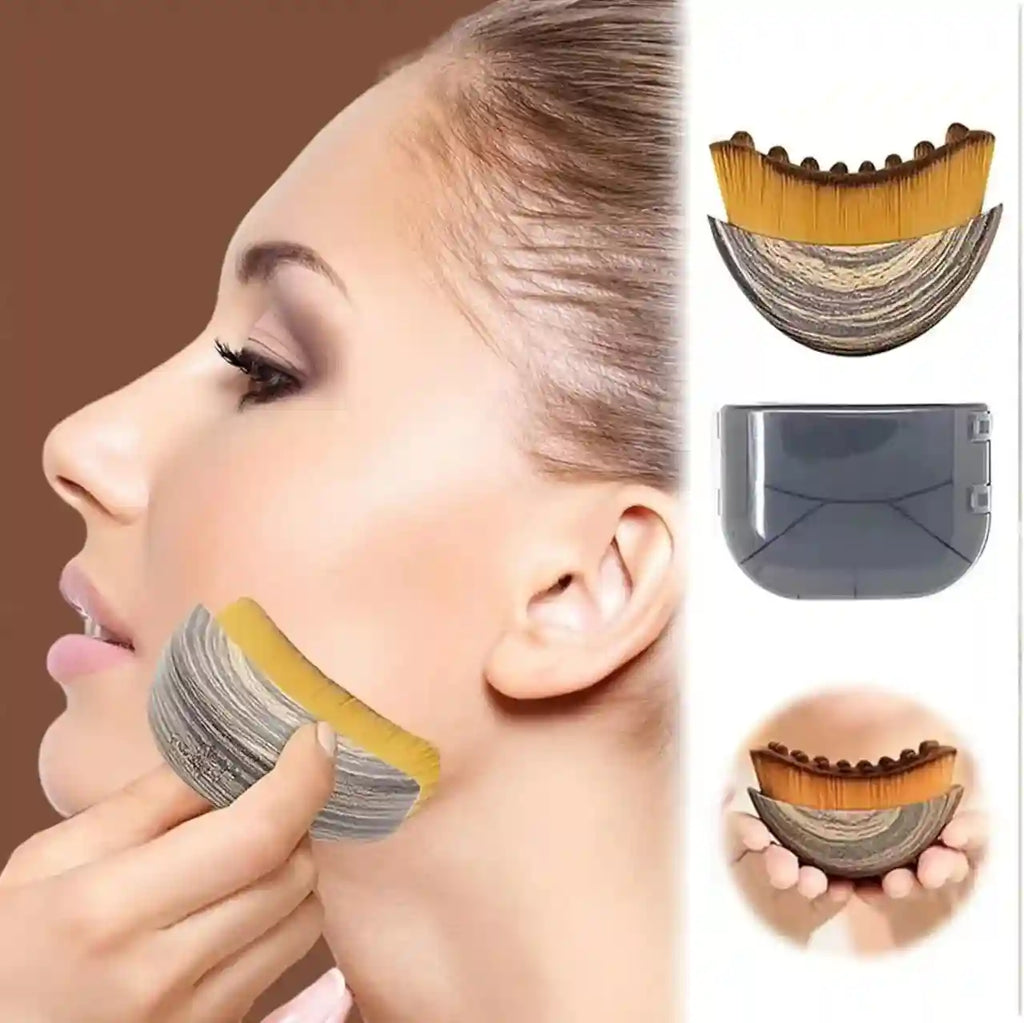 Curved facial massage brush with wood-grain handle, golden bristles, and a gray storage case, being used on a cheek.