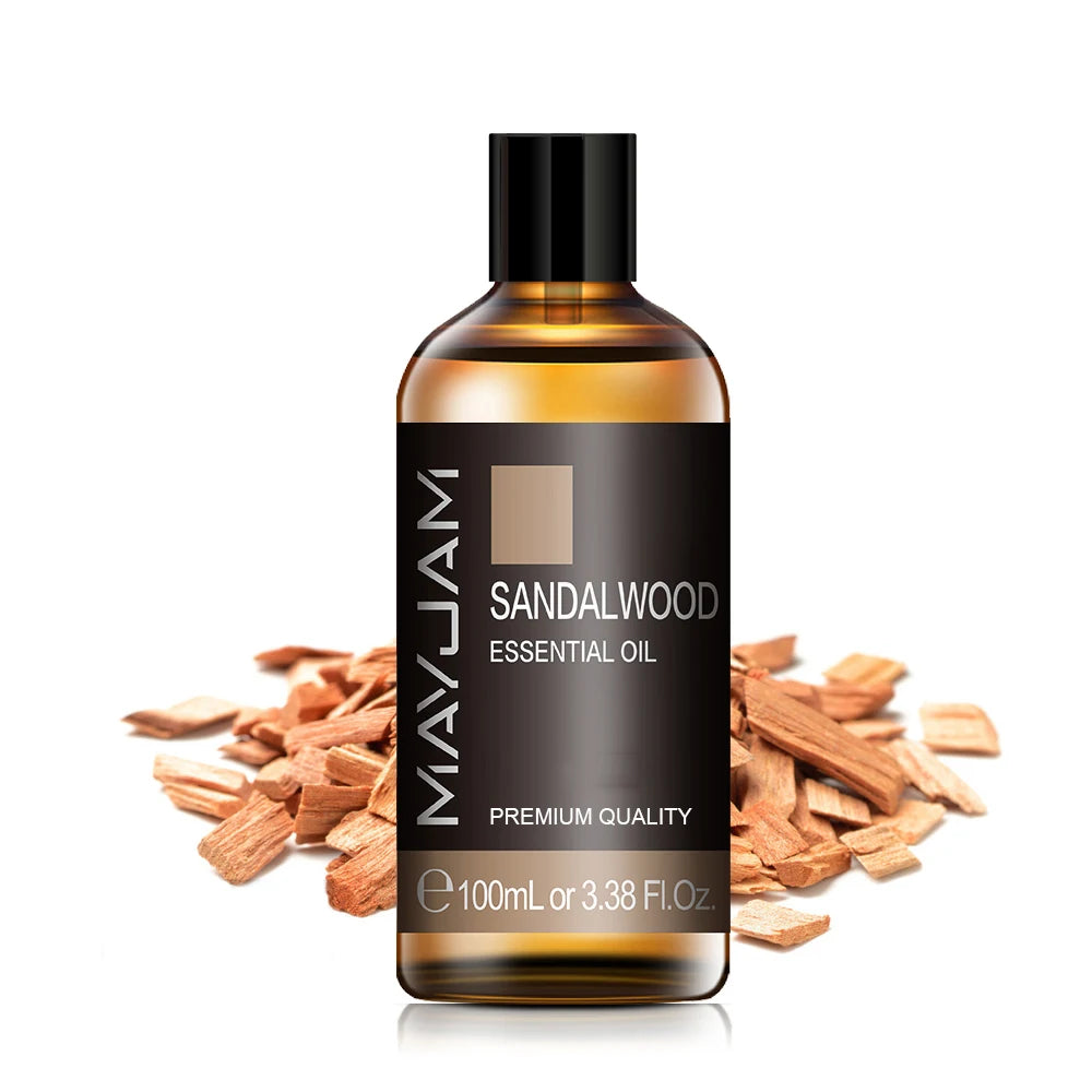 100 ml essential oil bottle, Sandalwood scent, amber glass with black cap