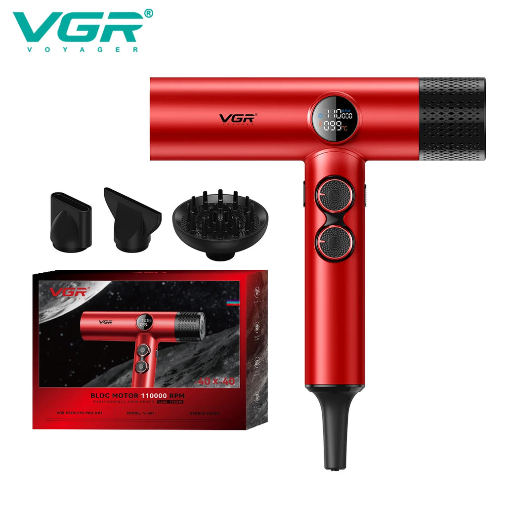 VGR red leafless hair dryer with LCD display, 110k RPM BLDC motor, and 3 magnetic styling attachments for salon use.