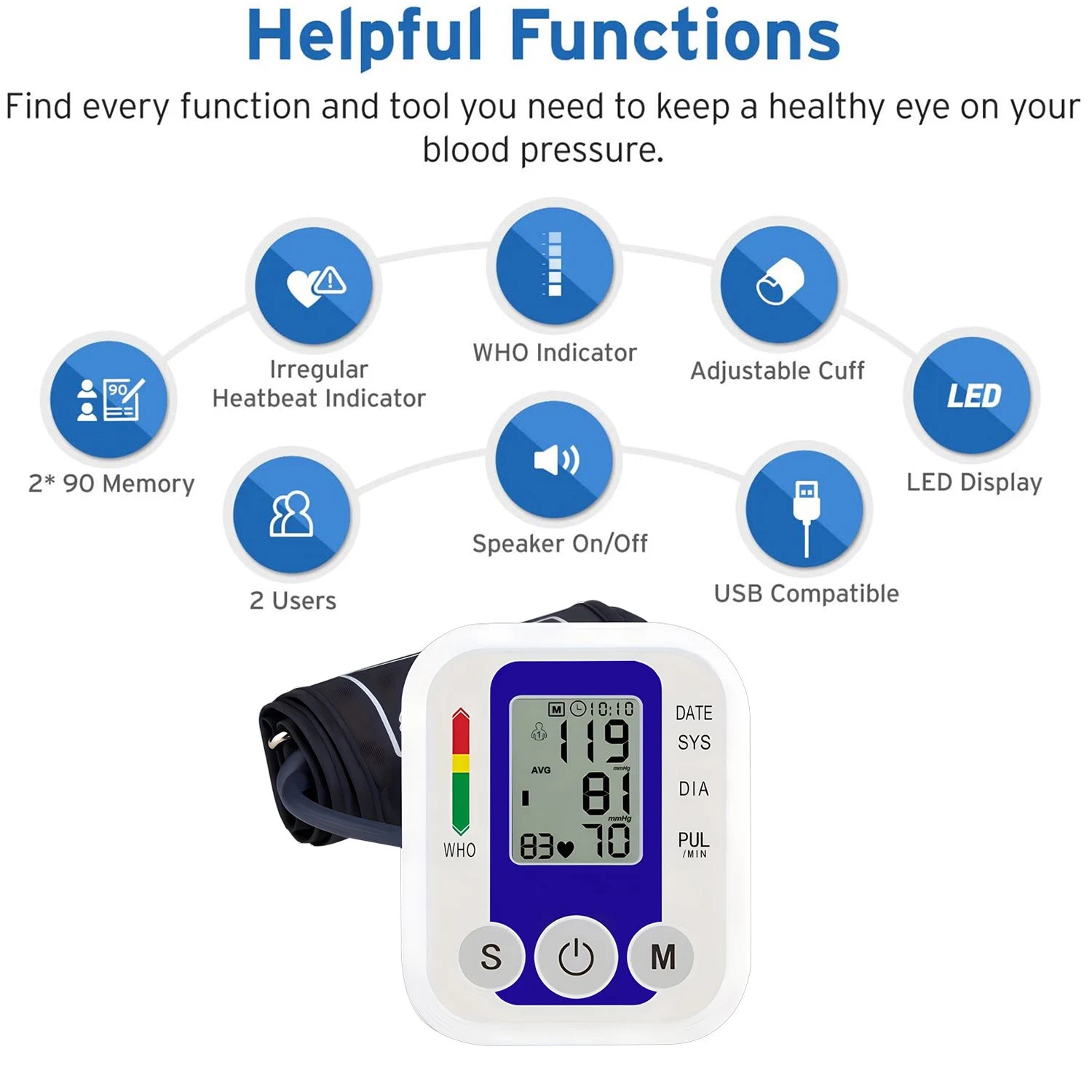 Automatic Upper Arm Blood Pressure Monitor Home Sphygmomanometer Tensiometer Tonometer Heart Rate Pulse Meter Medical BP Monitor