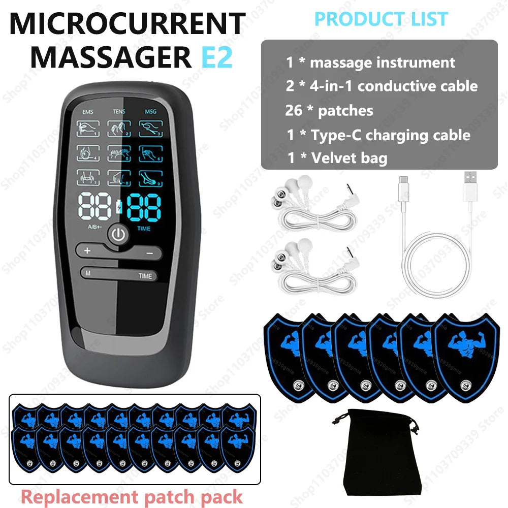 Black handheld microcurrent massager with digital display, conductive cables, charging cord, and 26 adhesive body