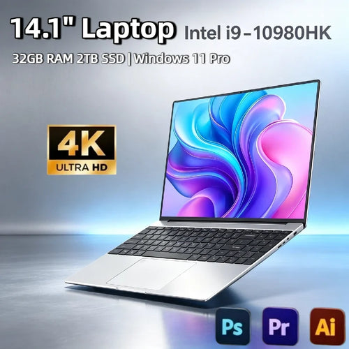 Sleek silver 14.1-inch laptop with thin bezels, black keyboard, large trackpad, and side ports against a blue background.