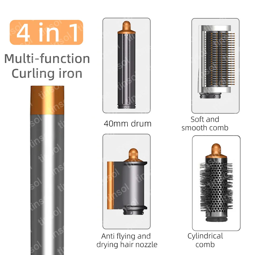 4-in-1 high-speed hair dryer set with copper accents, curling barrels, smoothing brush, and volumizing styling tools.