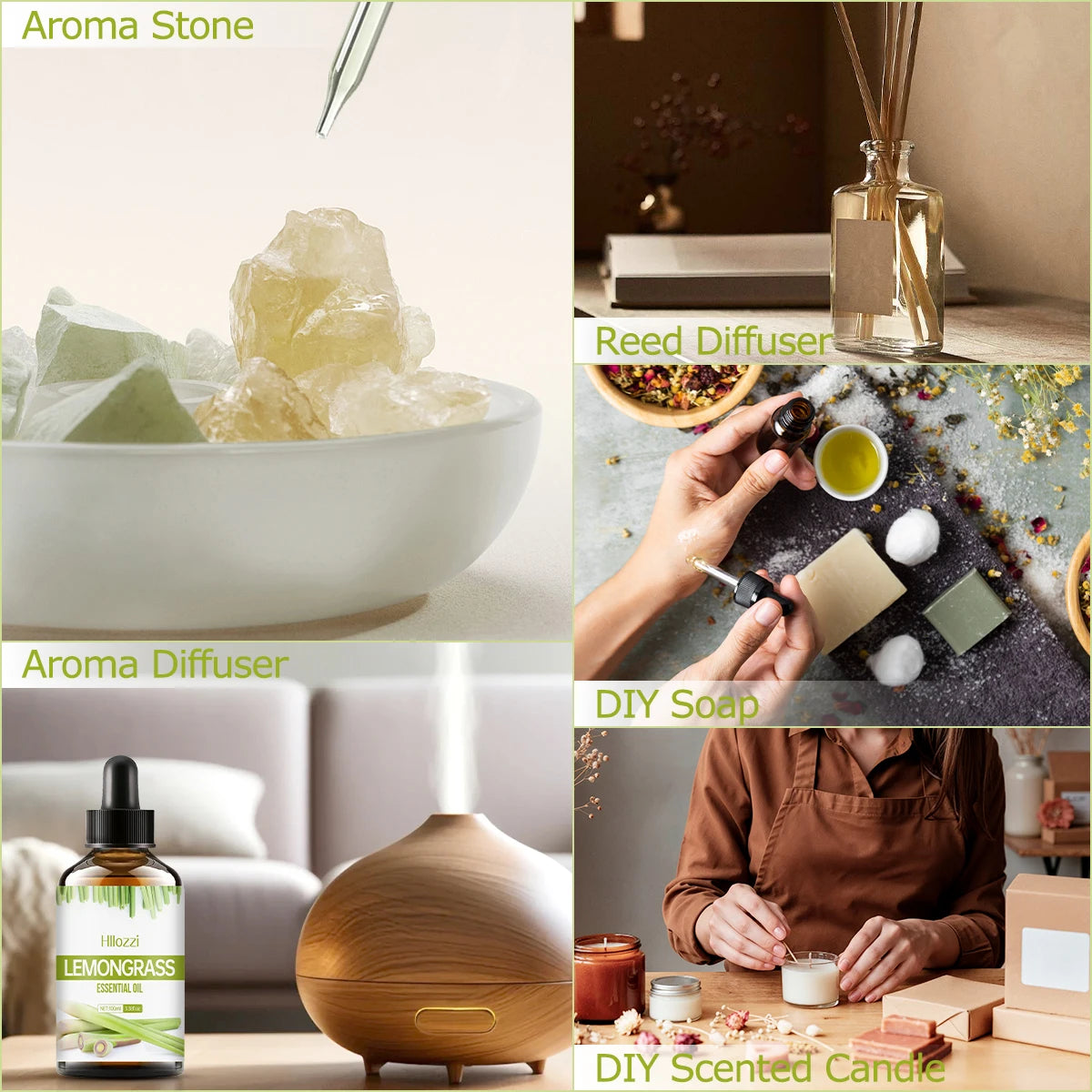 Lemongrass essential oil can be used in skincare, bath products, and diffusers and is suitable for all skin types.