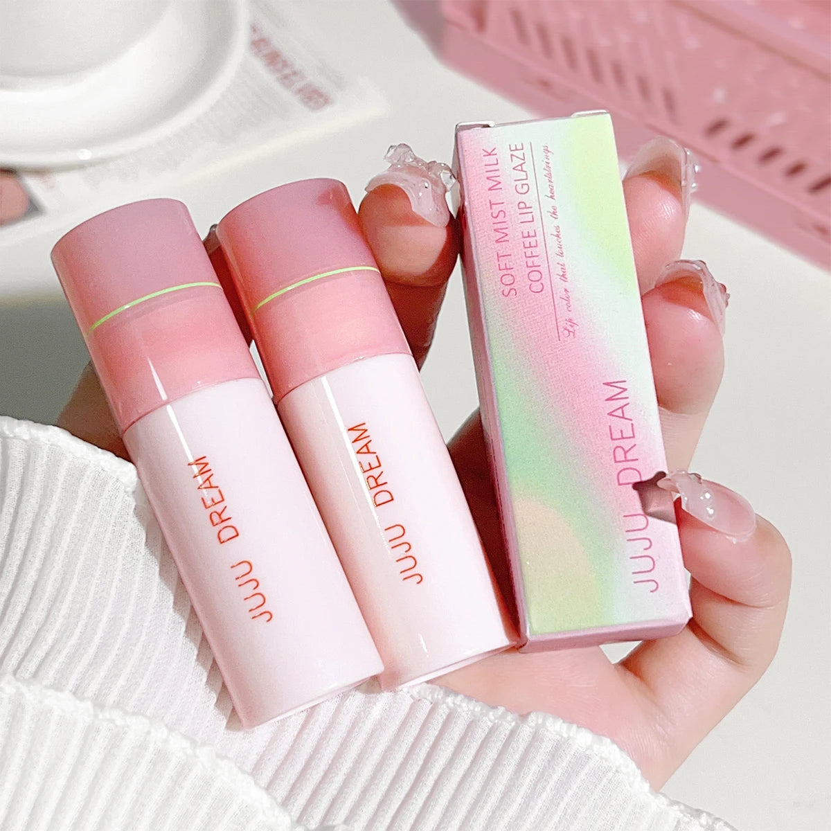 JUJU DREAM matte lip glaze tubes in pastel pink with aesthetic ombre box. Long-lasting, non-stick velvet lip makeup.