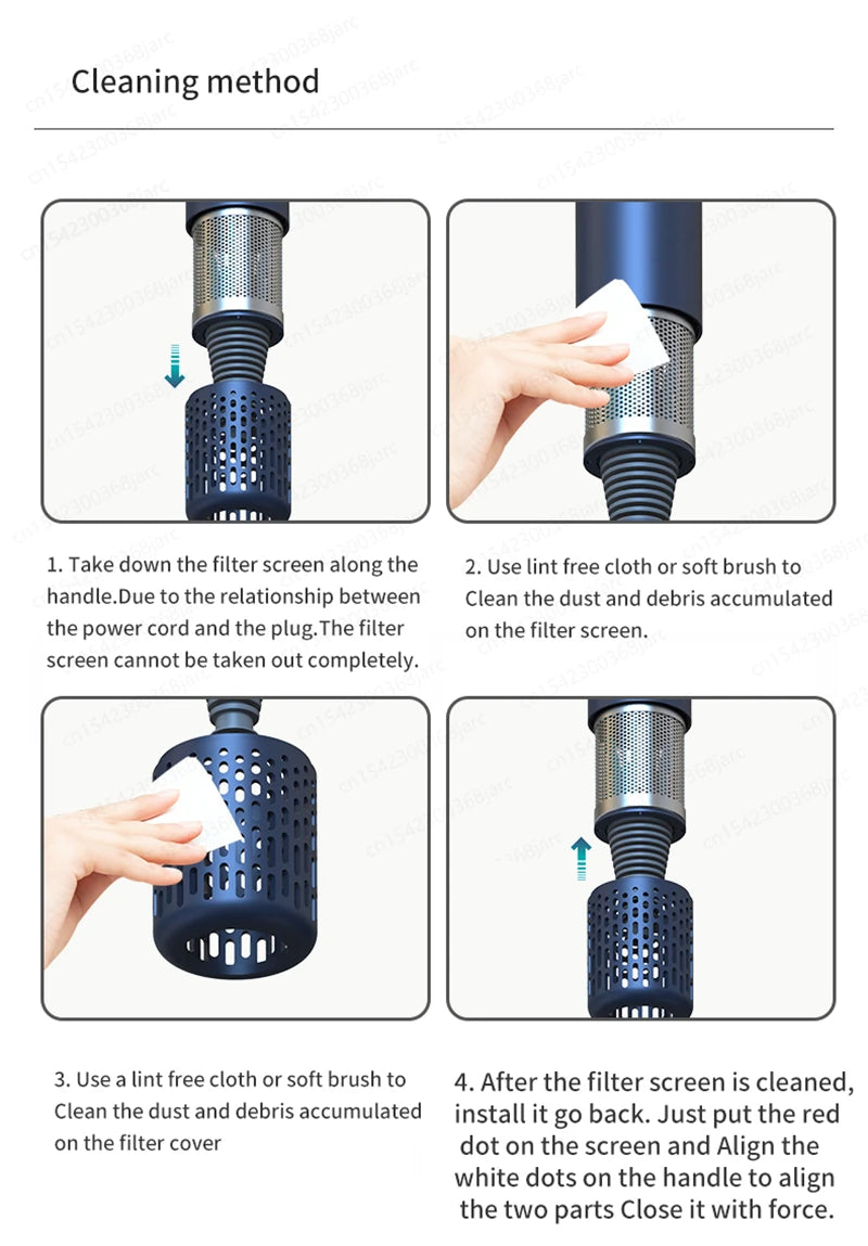 Blue leafless hair dryer cleaning guide: removing and wiping the metal filter screen for professional salon styling.