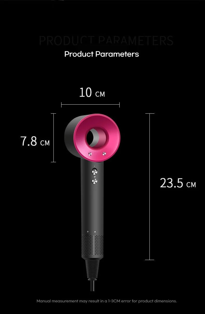 Pink and black high-speed bladeless negative ion hair dryer with dimensions for home salon styling.