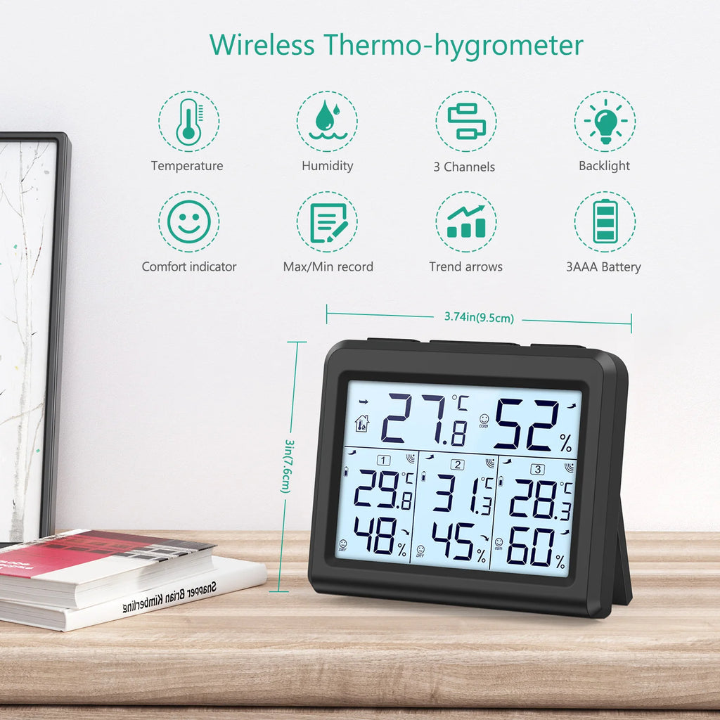 ORIA Indoor Thermometer Digital Hygrometer Wireless Temperature and Humidity Gauge Monitor with 3 Sensor for Home Office Bedroom