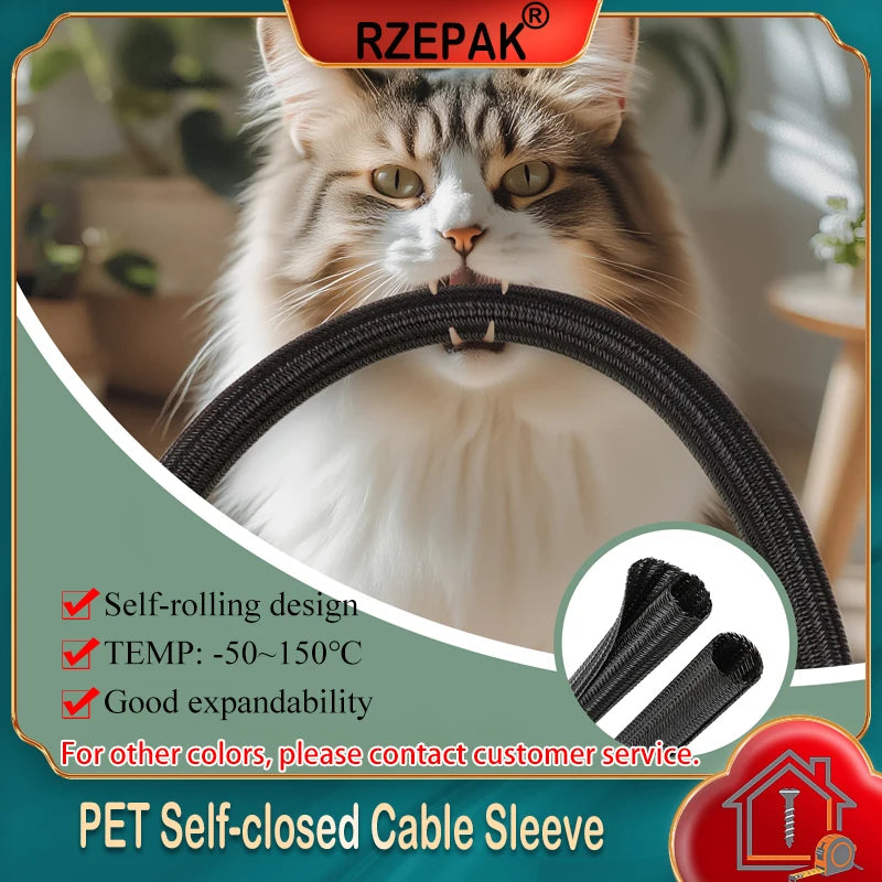 Cat biting heat-resistant black PET cable sleeve for pet-proof wire protection and insulation.