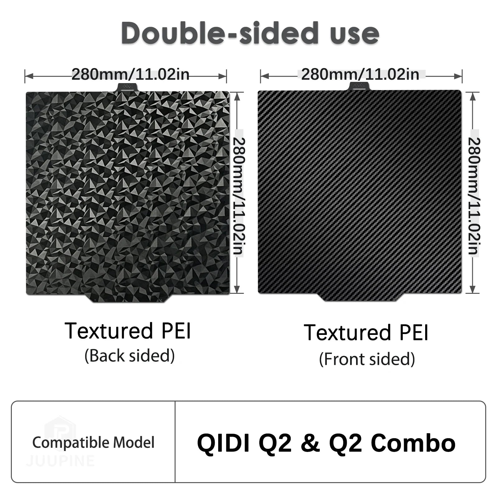 Double-sided 280x280mm PEI build plate for QIDI Q2 & Q2 Combo 3D printers, featuring textured surfaces for easy adhesion.