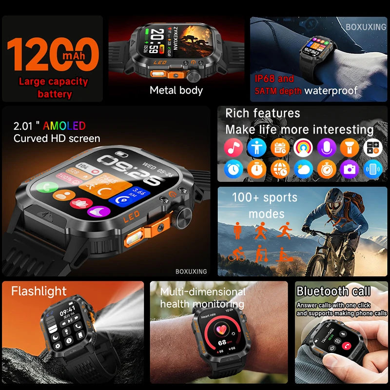 New Military Grade 1200mAh Battery Smartwatch Men 5ATM Waterproof Sports Tracker Flashlight Heart Rate AMOLED Screen Smart Watch