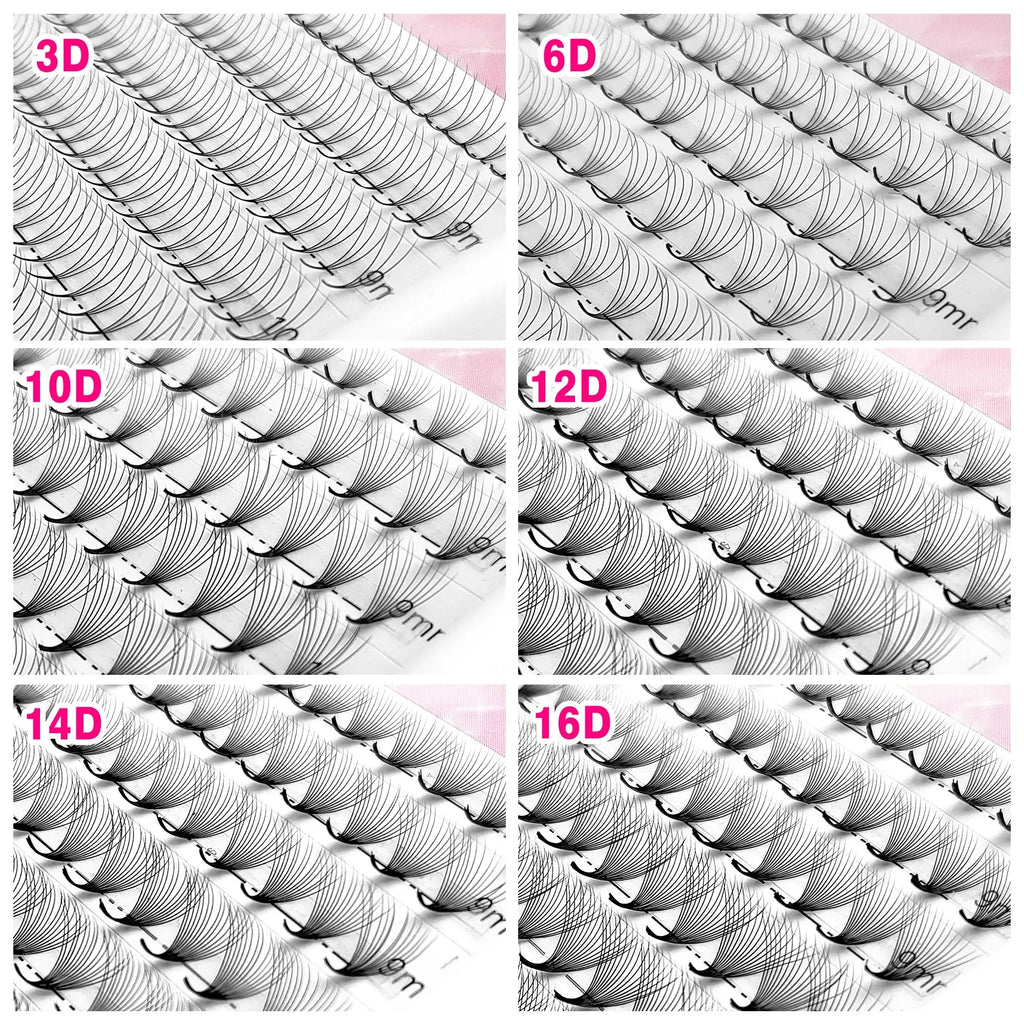 Volume eyelash extension fans in 3D, 6D, 10D, 12D, 14D, and 16D styles on adhesive strips for professional application.