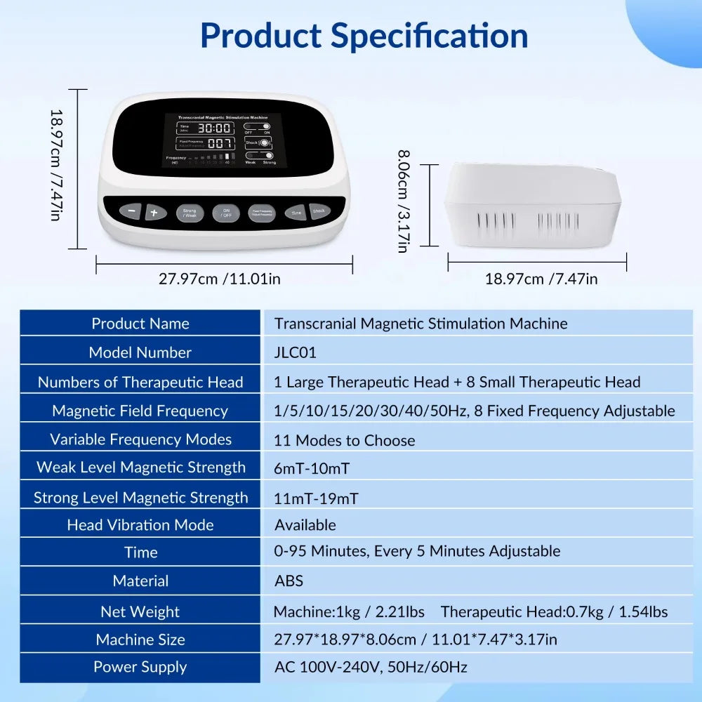 Frovab RTMS transcranial brain stimulation device specs showing white console, dimensions, and rehabilitation settings.