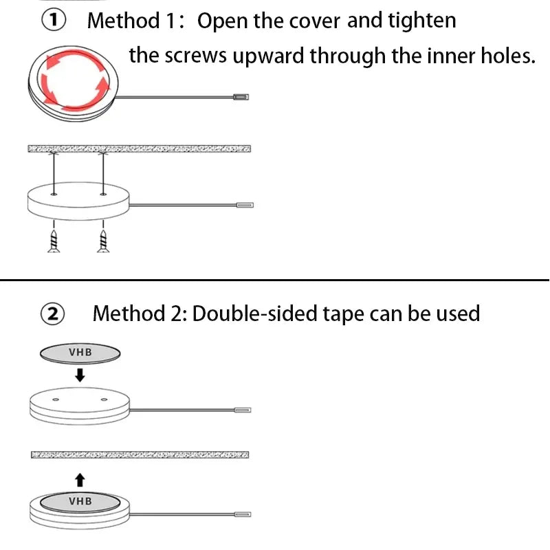 Recessed puck light mounting diagram showing open cover and screw tightening