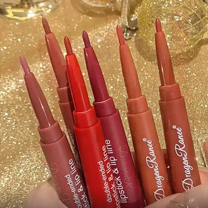 Dual-ended waterproof matte lipstick and lip liner pencils in various nude and rose red shades for long-lasting makeup.