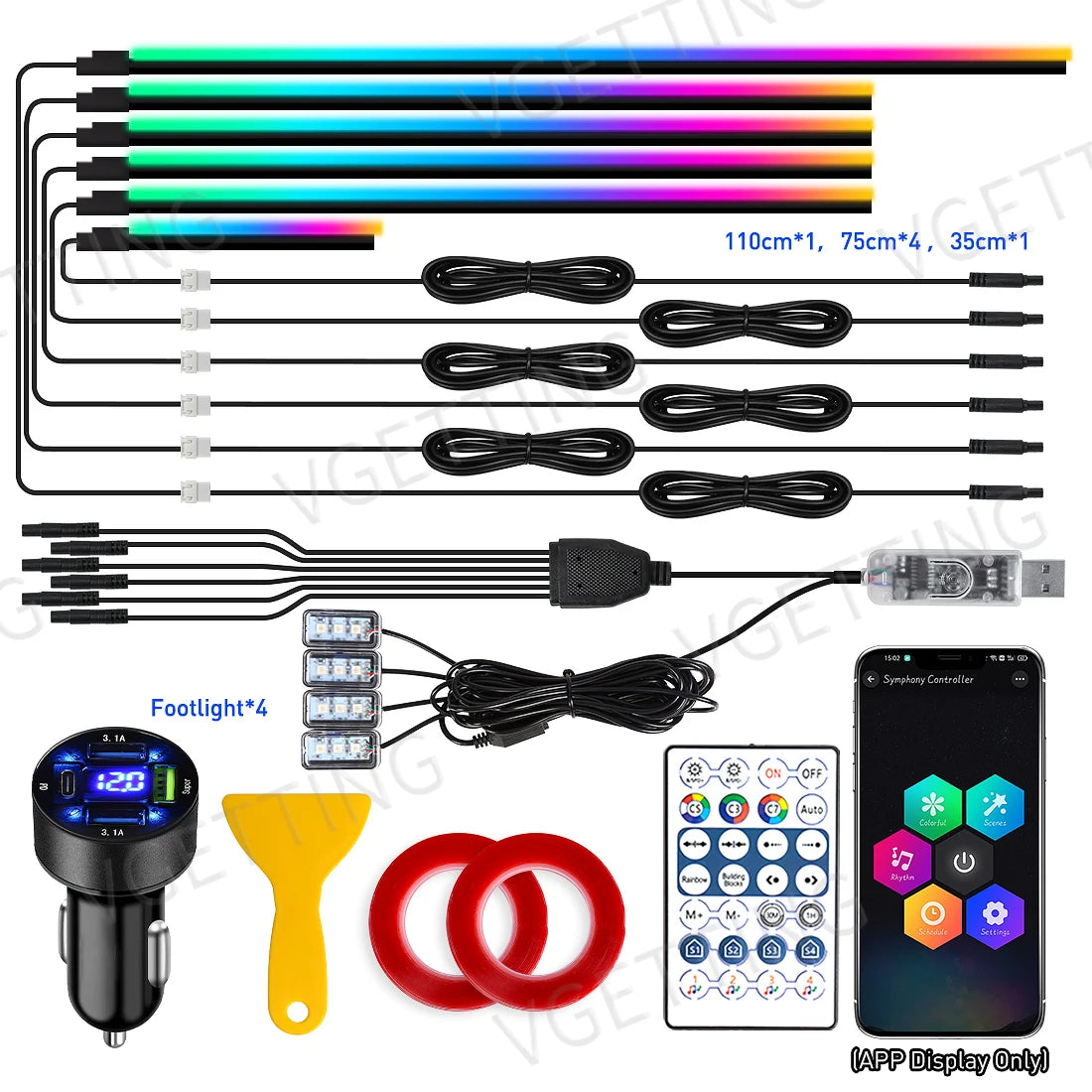 Tesla Interior LED Ambient Lights 10-in-1 RGB Kit - App Controlled 10in1 110CM Charger Tidesmit