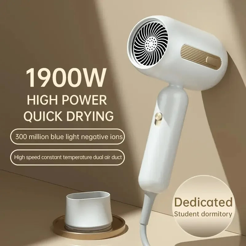 White 1900W F41 high-speed hair dryer with ion technology, gold accents, and nozzle attachment for quick, quiet drying.