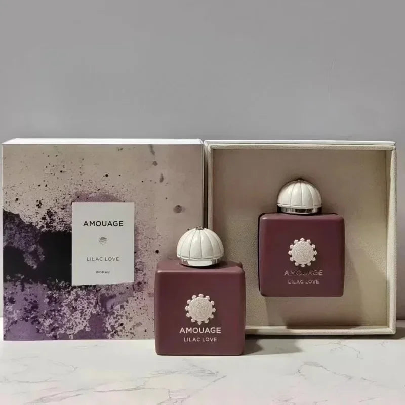 Amouage Lilac Love EDP: Luxury floral oriental perfume in a square mauve bottle with iconic domed cap and display box.