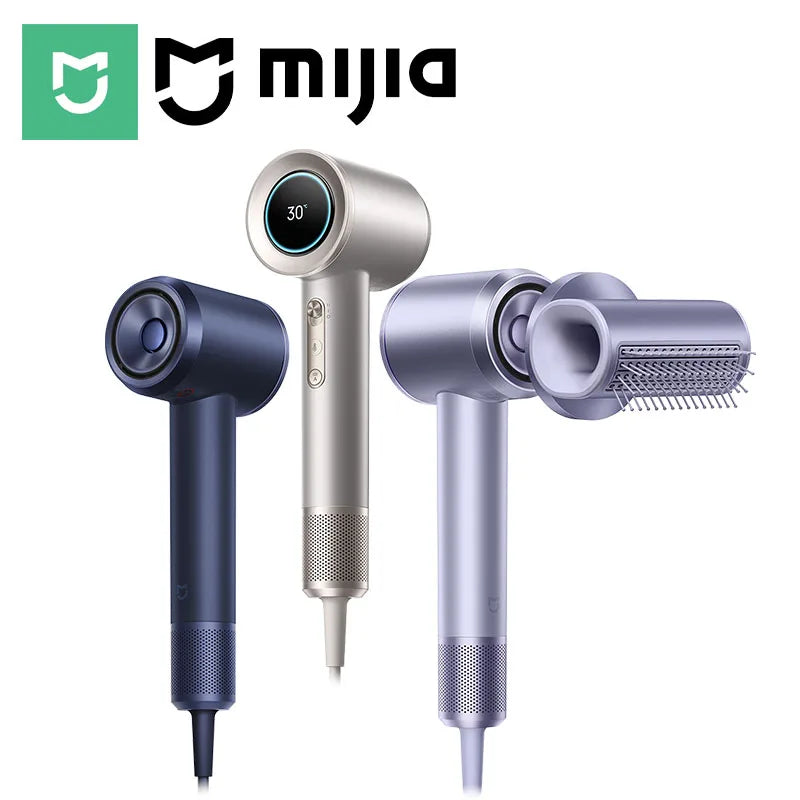 MIJIA high-speed ionic hair dryers in blue, silver, and purple with smart digital display and styling attachments.