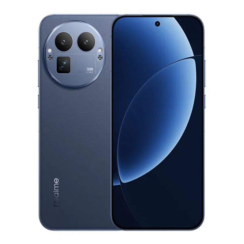 Realme GT 8 Pro blue smartphone, front and back view, 200MP camera system, 6.79-inch AMOLED display, flagship design.