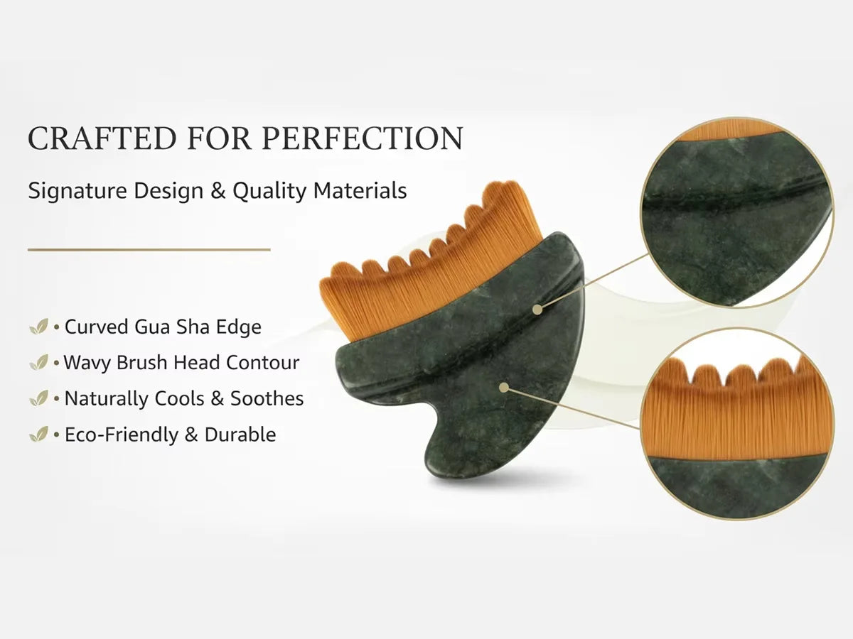 Dark green stone face brush with a wavy, ultra-soft tan bristle head and a curved, ergonomic gua sha handle.