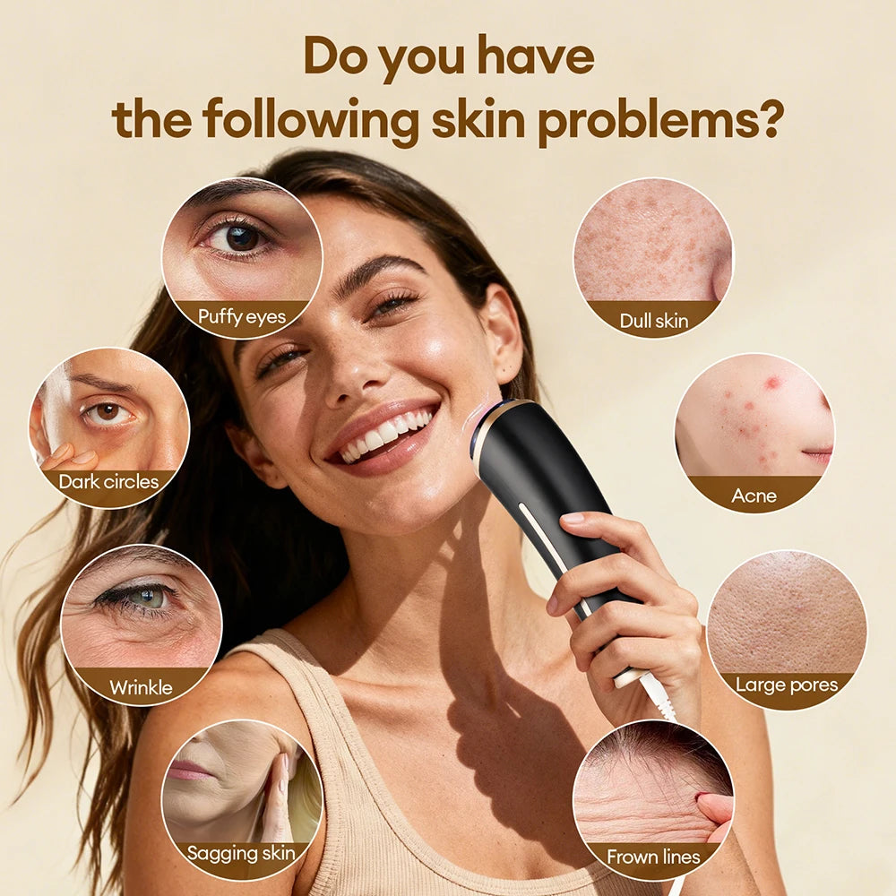 Black, handheld skin rejuvenation device with gold accents, used on the cheek to address various facial skin concerns.