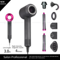 Grey and pink professional ionic hair dryer with magnetic attachments, diffuser, and styling nozzles for fast drying.