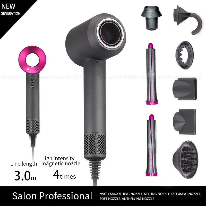 Grey and pink professional ionic hair dryer with magnetic attachments, diffuser, and styling nozzles for fast drying.