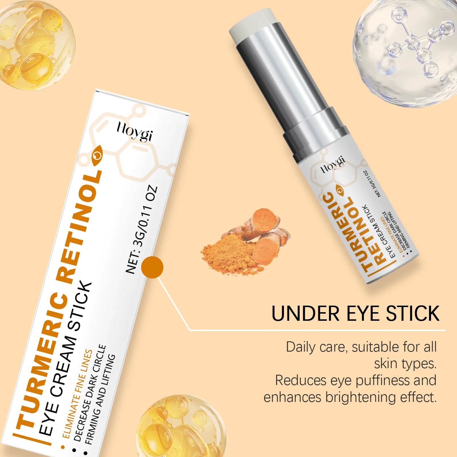 Turmeric Retinol Eye Cream Stick Anti Puffiness Dark Circle Removal Eye Bag Stick Fade Fine Line Brighten Moisturizing Skin Care