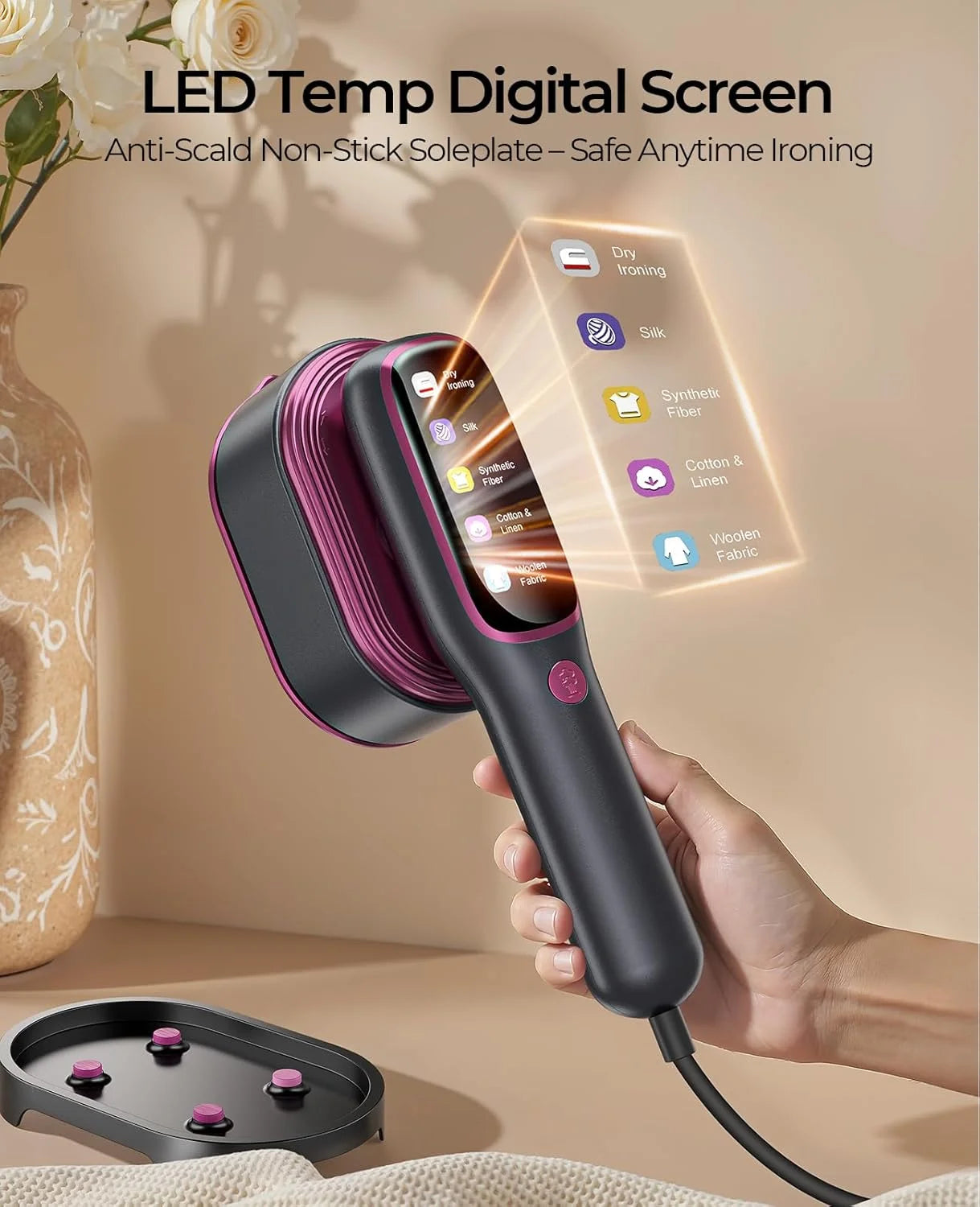 Tidesmit portable handheld mini garment steamer showing compact wet and dry ironing features for travel