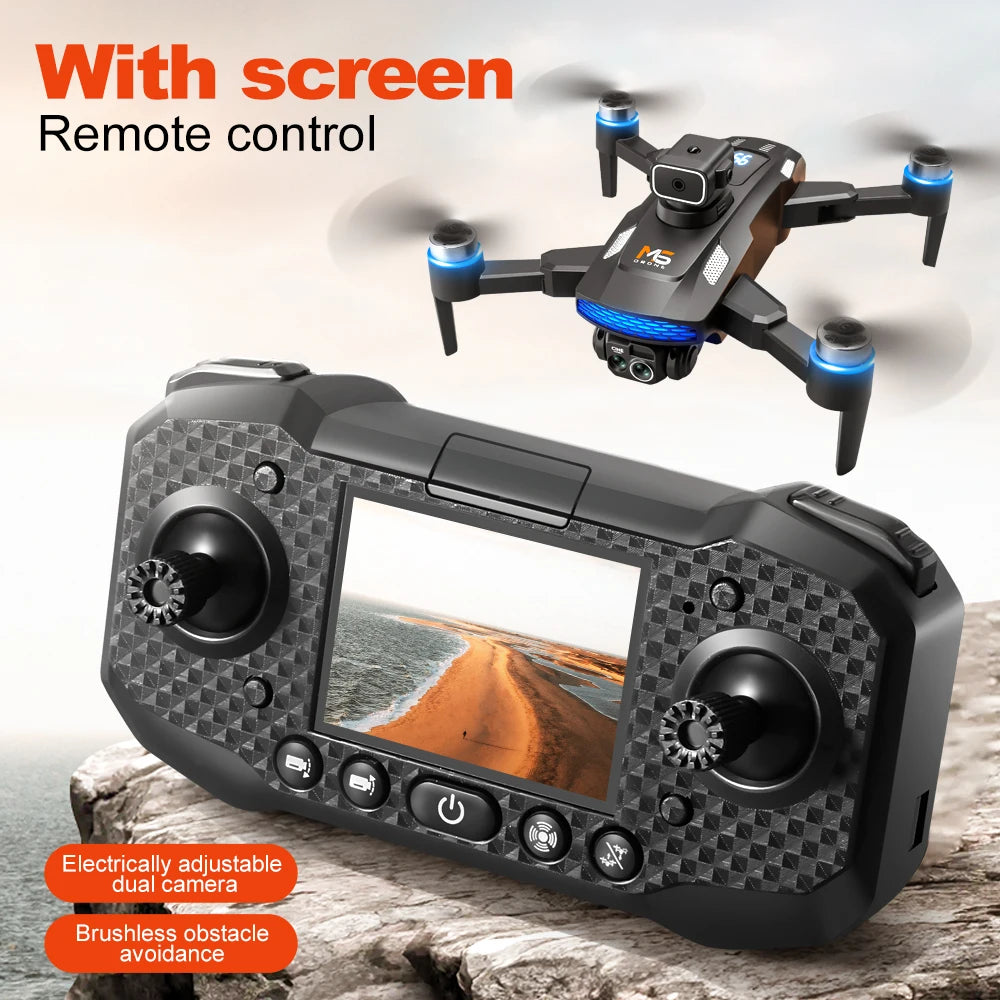 Black M5 drone with blue lights and a handheld remote controller featuring a built-in display screen.