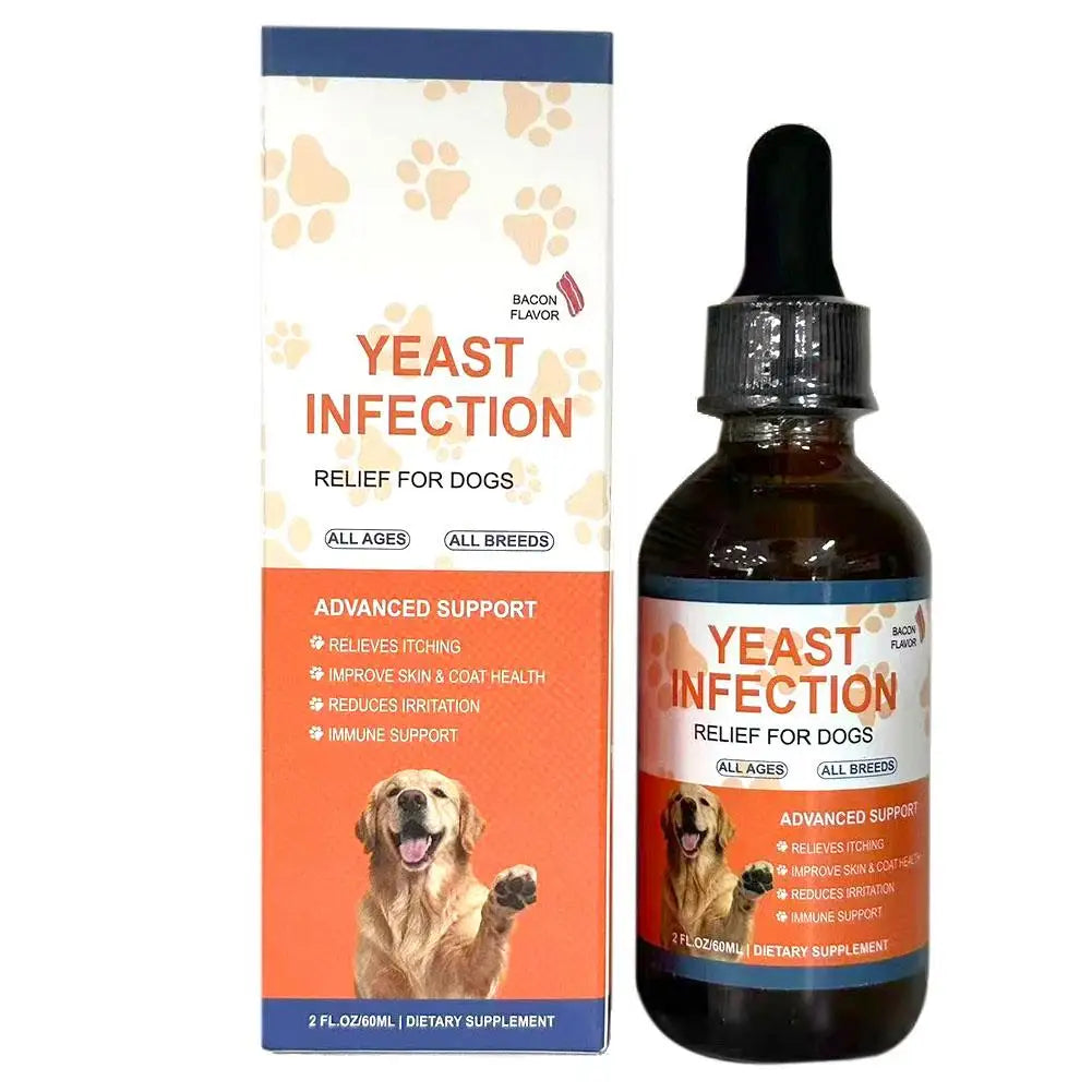 60ml bacon-flavored dog yeast infection relief drops to improve skin, coat, and immune health for all dog breeds.