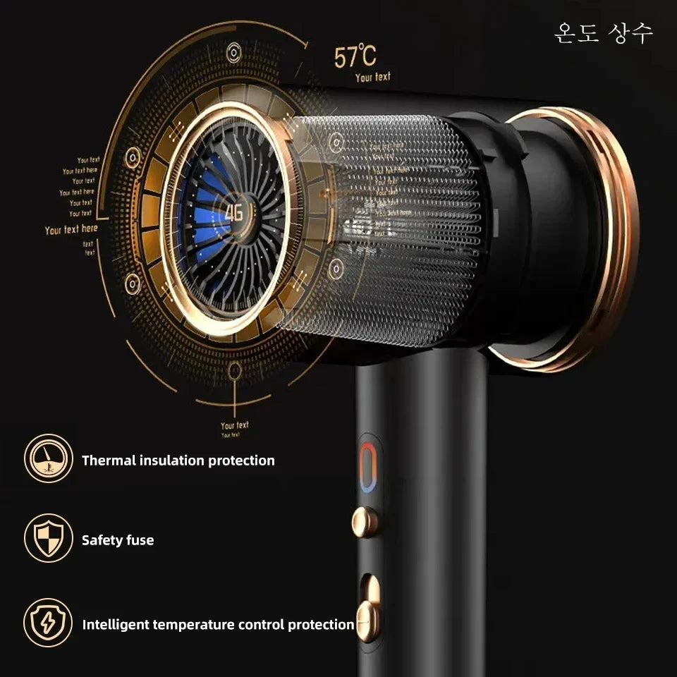 F33 high-speed black and gold hair dryer with turbine motor, constant temp control, and safety features for quick dry.