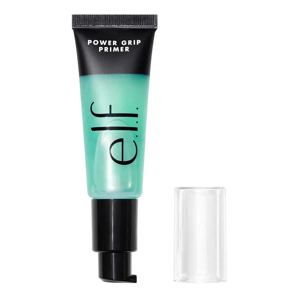 e.l.f. Power Grip Primer in a squeeze tube with a clear green gel formula and black pump dispenser on white background.