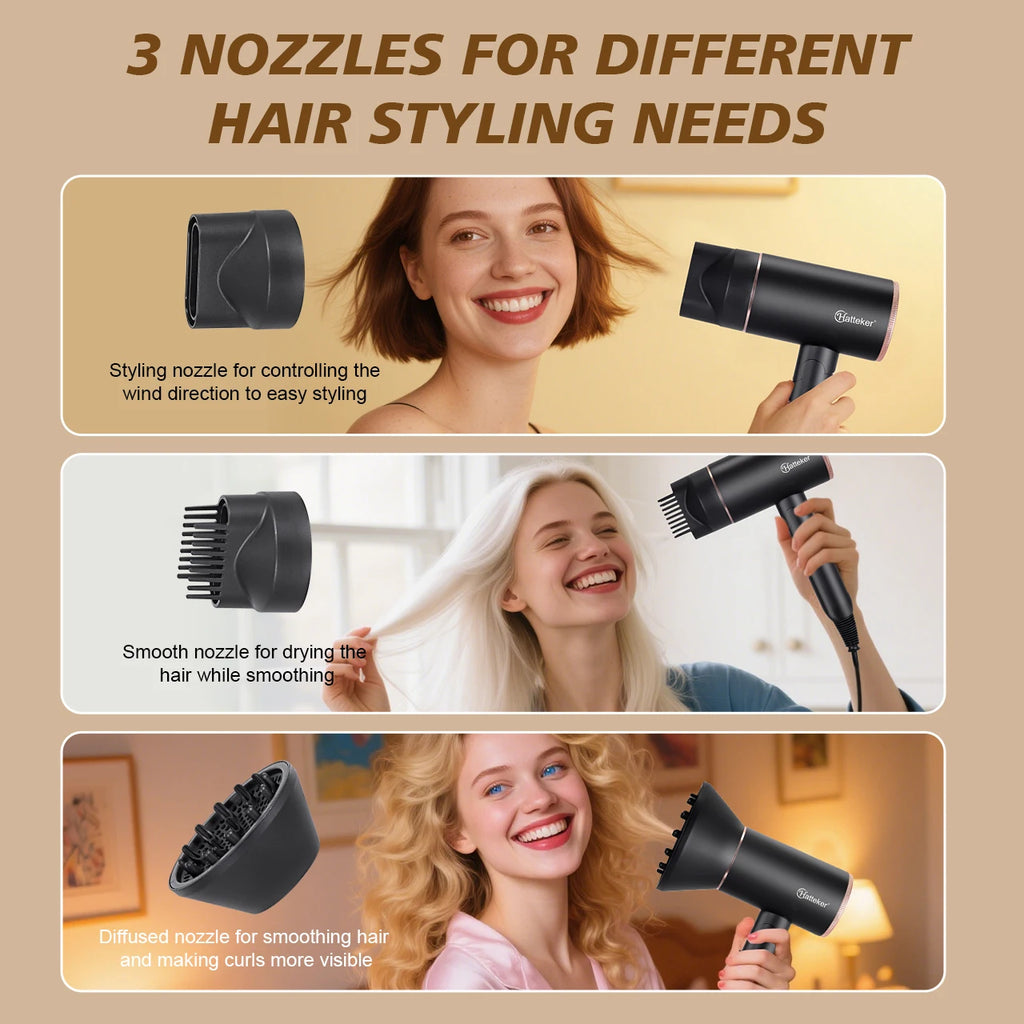 Hatteker black foldable negative ion hair dryer with 3 styling attachments for smooth, curly, and straight hair.