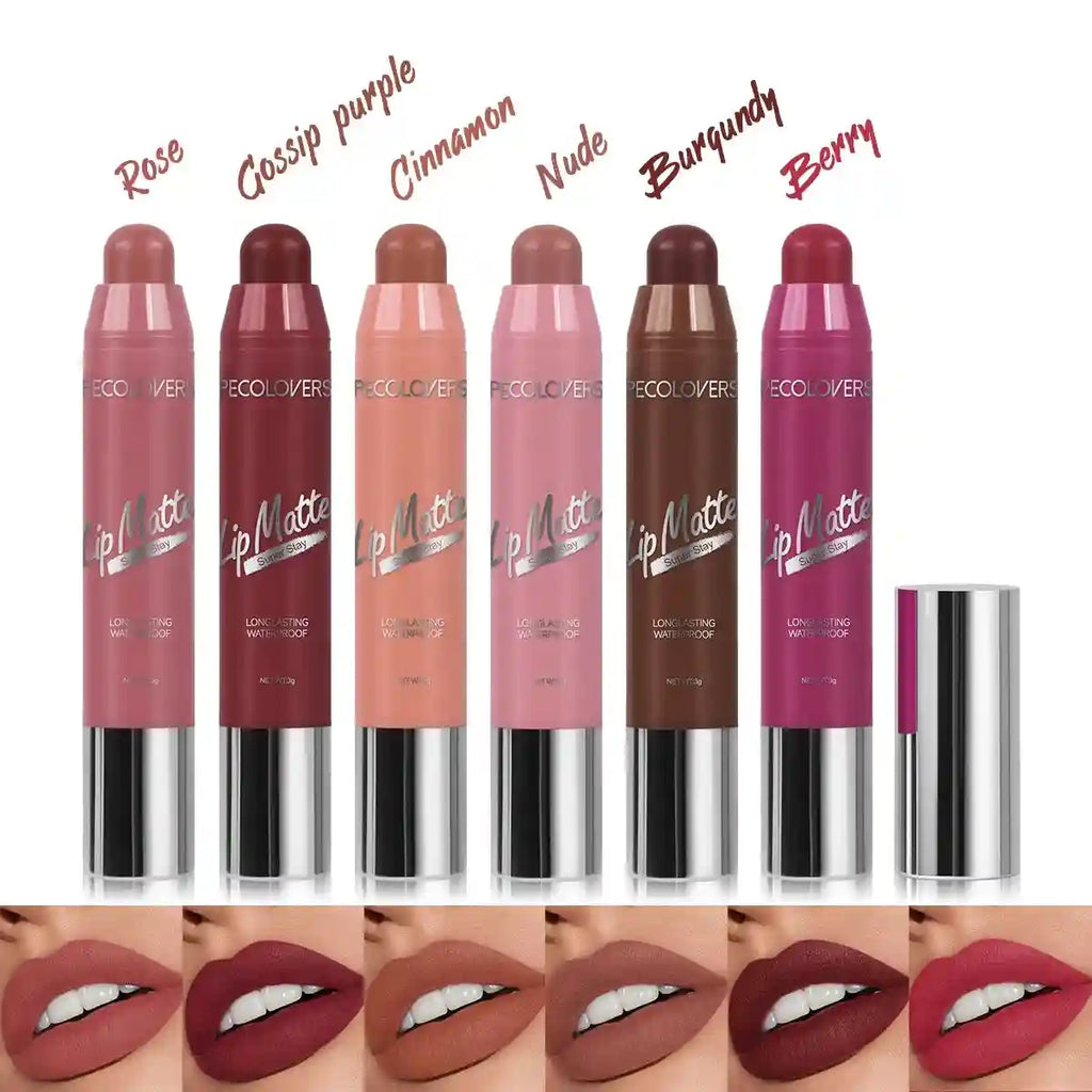 Six velvet matte lipsticks in assorted shades with matching lip swatches, waterproof, long-lasting, non-stick formula.