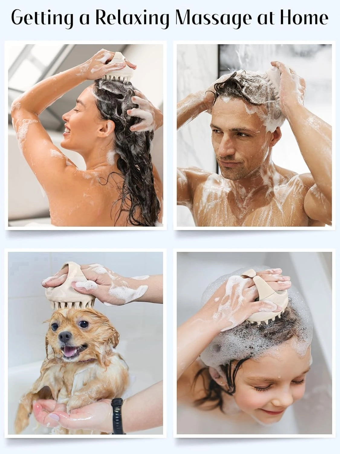 A beige silicone scalp massager brush being used by a woman, man, child, and a dog during shampooing.