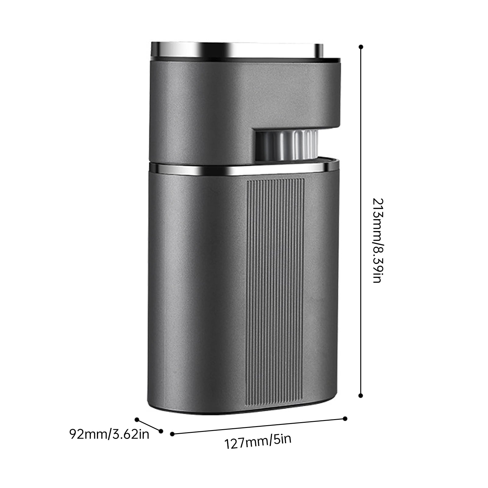 Grey portable coffee grinder with brushed metal finish, measuring 213mm x 127mm x 92mm.