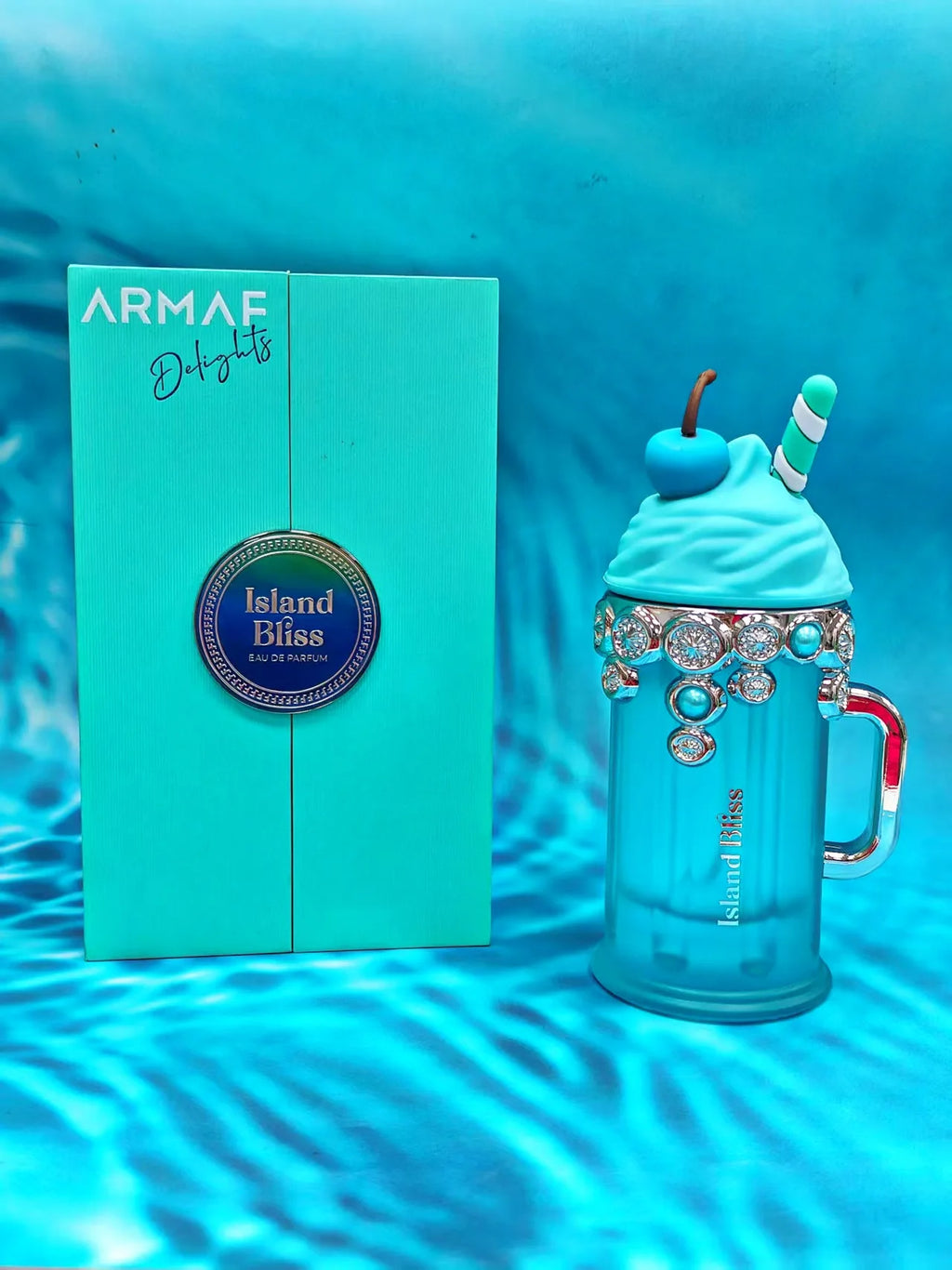 Armaf Island Bliss 100ml EDP: Women’s floral fruity perfume in a unique blue milkshake bottle with cherry and straw.