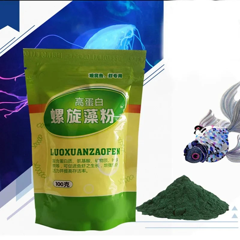 Tidesmit Spirulina powder fish food for ornamental shrimp and fish. Nutrient-rich algae supplement for healthy growth.