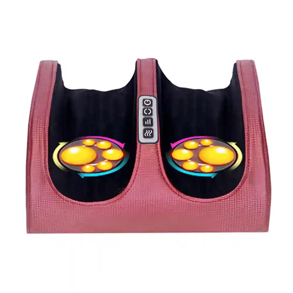 Red electric foot massager with shiatsu kneading rollers and heating therapy for pain relief and muscle relaxation.
