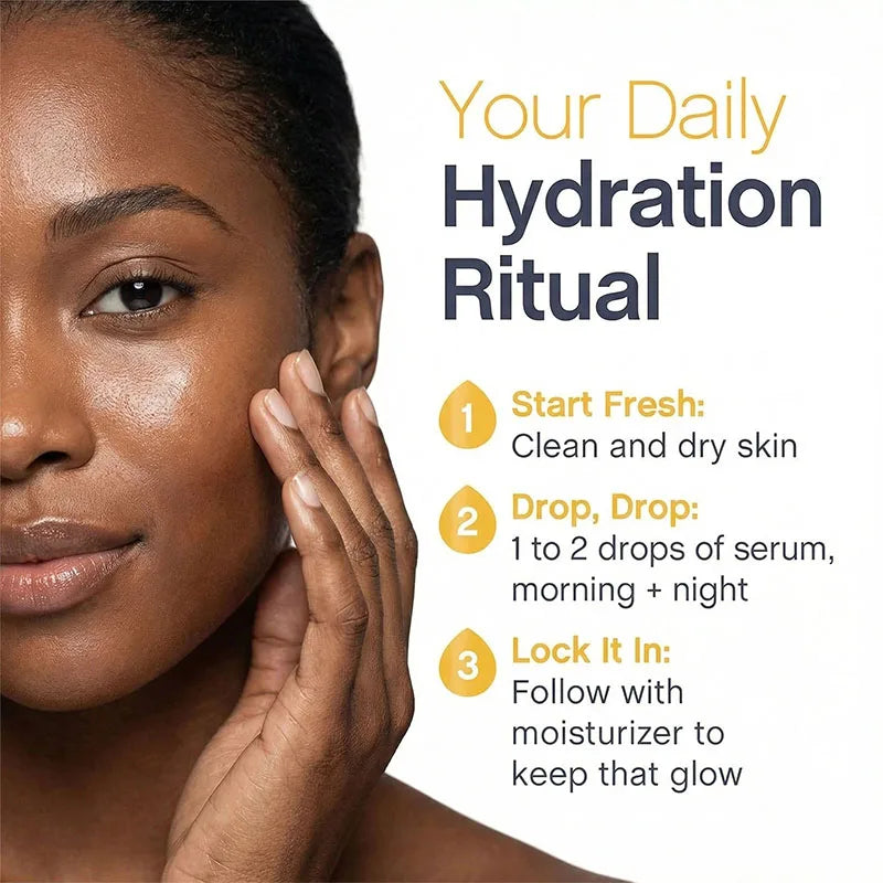 Three-step hydration ritual guide with instructions for applying facial serum and moisturizer to clean skin.