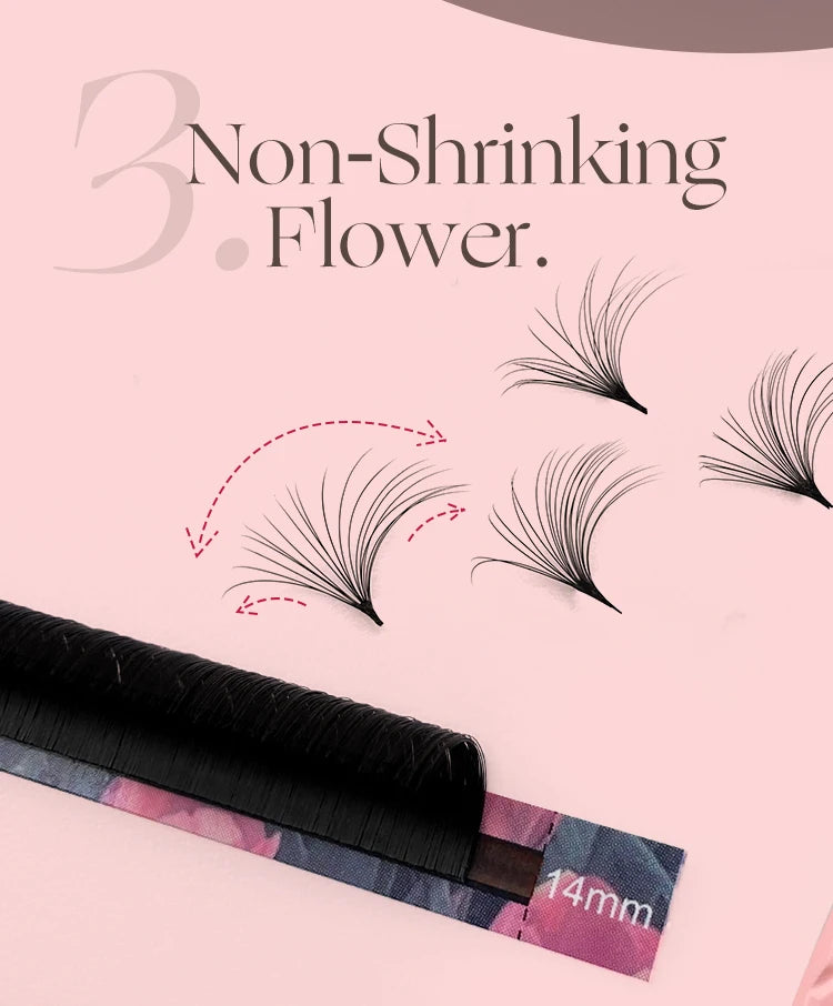 Black Abonnie easy fan volume eyelash extensions on a 14mm strip, showing flared, non-shrinking lash fan shapes.