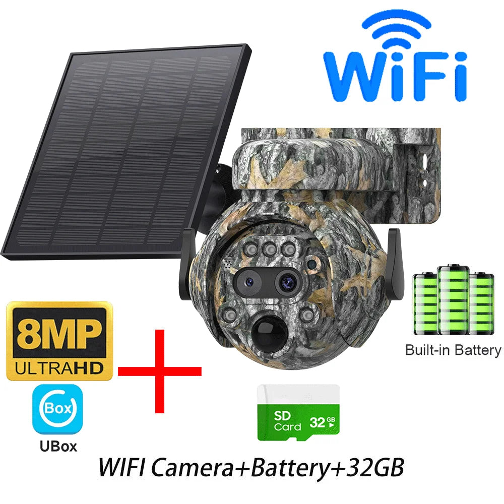 INQMEGA 8MP Solar Powered Camera 4K 4G / WIFI Solar Camera Solar Panel  Security PIR Human Detection Cam in Forest